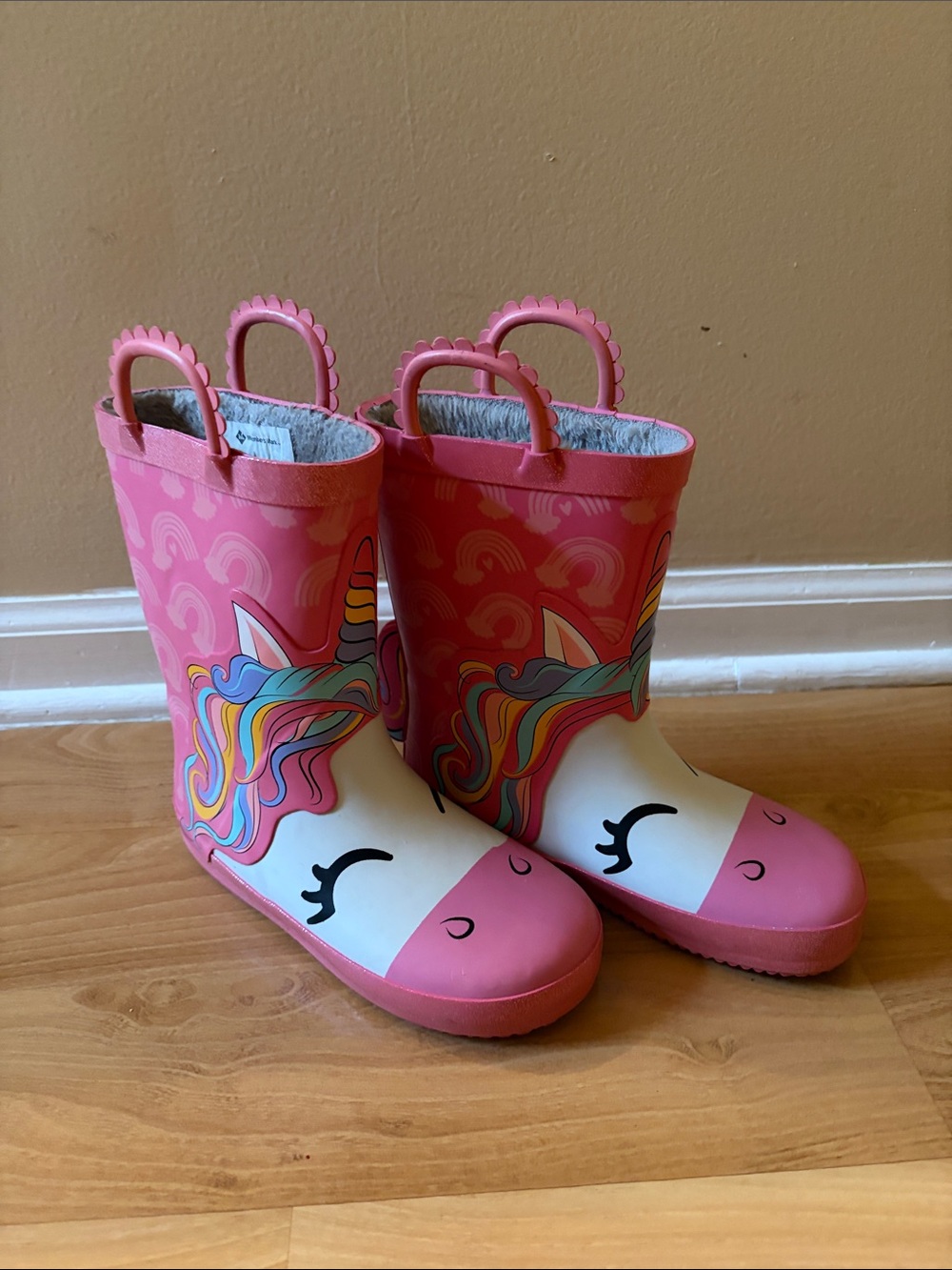 Kids Pink Unicorn Rain Boots with Easy Pull Handles